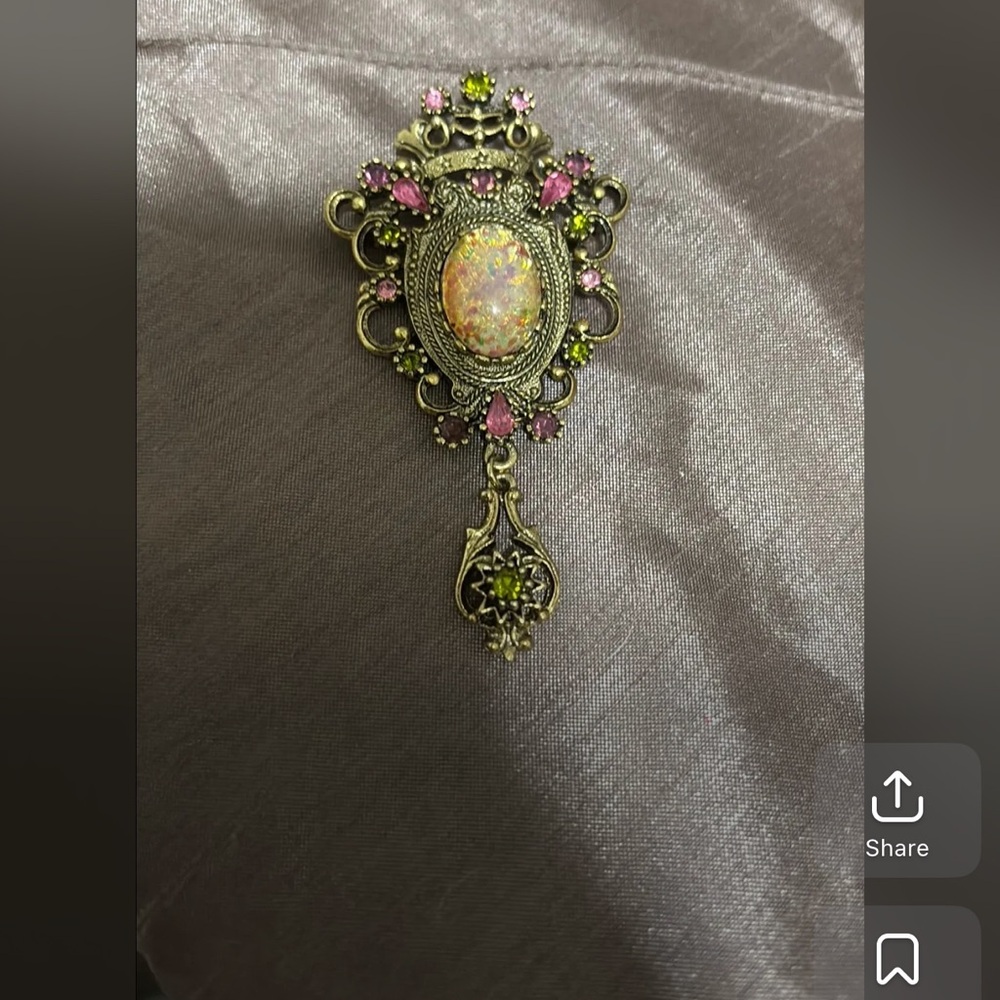 Vintage Conventry Contessa Brooch/ Pendant w/ rhinestone & Opaline Cabochon. 3in